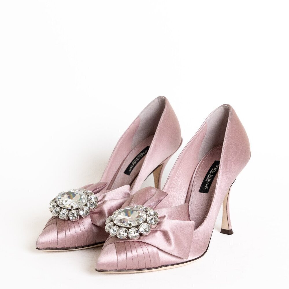 Dolce & Gabbana Pink Satin Crystal Bow Brooch Pump Pointed Toe Heel EU 35